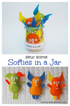 some sort of stuffed animals in a jar with text overlay that says sew some softies in a jar