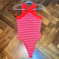 Red And Pink Striped Bodysuit From Zara Never Worn! New Without Tags Red Sleeveless Bodysuit For Beachwear, Sleeveless Red Bodysuit For Beachwear, Fitted Red Summer Bodysuit, Fitted Red Bodysuit For Beach, Fitted Red Bodysuit For The Beach, Red Beachwear Bodysuit With Lined Body, Red Lined Bodysuit For Beachwear, Red Fitted One-piece Bodysuit, Spring Beach Red Bodysuit