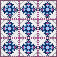 a blue and pink quilt with geometric designs on the front, back and side panels