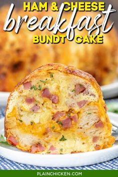 ham and cheese breakfast bundt cake on a plate with text overlay that reads ham and cheese breakfast bundt cake