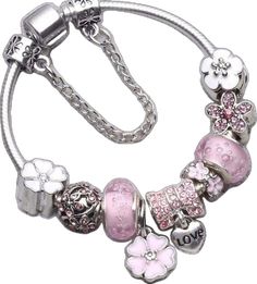 Pink Metal Jewelry With Silver Beads, Silver Metal Crystal Bracelet As A Gift, Silver Metal Crystal Bracelet Gift, Silver Metal Beaded Bracelets With Charms, Silver Charm Bracelets For Party, Silver Metal Charm Bracelet With Silver Beads, Nickel-free Silver Charm Bracelet For Party, Silver Braided Bracelet, Bracelet With Charms