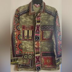 Hardly Worn / Great Condition / Smoke Free Environment / Labeled Sz Xs / Hidden Front Buttons / 4 Fold Over Flap Pockets / Pit To Pit 19/ Waist 18 1/2”/ Pit To Wrist 18 “ / Length (Shoulder To Bottom) 28” / Good Clean Condition (122) Embellished Long Sleeve Outerwear With Multicolor Embroidery, Embellished Multicolor Embroidered Long Sleeve Outerwear, Embellished Jacket, Calypso St Barth, St Barth, Fold Over, Flap Pocket, Jackets For Women, Jackets & Coats