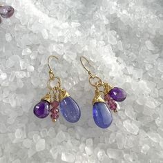 Tanzanite, Amethyst & Rhodolite Garnet Dangle Earrings Purple Briolette Earrings With Natural Stones, Purple Briolette Wire Wrapped Earrings, Faceted Briolette Amethyst Earrings, Faceted Amethyst Dangle Earrings, Chip Jewelry, Dark Amethyst, Ear Art, Ocean Jewelry, Beaded Drop Earrings