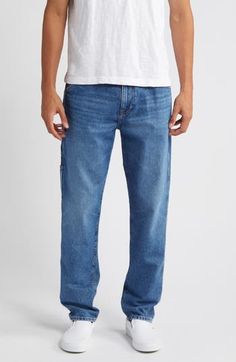 Made from stonewashed nonstretch denim, these carpenter jeans have a modern fit that's relaxed through the thighs and tapered down to straight legs. 31" inseam; 14" leg opening; 11" front rise; 14" back rise (size 29) Zip fly with button closure Five-pocket style; side carpenter pocket 60% recycled cotton, 40% cotton Machine wash, tumble dry Made in Turkey Rugged Light Wash Straight Leg Bottoms, Medium Wash Tapered Leg Cargo Jeans, Washed Relaxed Fit Straight Leg Cargo Jeans, Washed Straight Leg Cargo Jeans With Relaxed Fit, Washed Cargo Jeans Relaxed Fit Straight Leg, Utility Medium Wash Relaxed Fit Jeans, Straight Leg Medium Wash Cargo Jeans With Five Pockets, Rugged Relaxed Fit Medium Wash Bottoms, Rugged Medium Wash Relaxed Fit Jeans