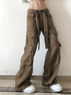 Peilia - Womens High Rise Grey Cargo Pants with Belted Waist and Flap Pockets - Straight Wide Leg Loose Fit, Y2K Kpop Vintage Style, Denim & Clothing Khaki Full Length Jeans With Pockets, Full Length Khaki Jeans With Pockets, Khaki Full-length Cargo Jeans, Khaki Cargo Jeans For Streetwear, Khaki Full Length Jeans For Streetwear, Baggy Khaki Denim Pants, Mid-rise Khaki Jeans For Streetwear, Khaki Mid-rise Jeans For Streetwear, Full Length Khaki Cargo Jeans For Fall