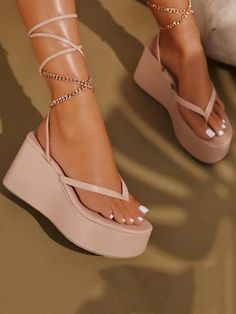 Cross Platform Flip-Flop Sandals | ECHOINE Latest Obsession, Heeled Espadrilles, Platform Flip Flops, Womens Sandals Wedges, Strappy Wedges, Chain Fashion, Platform Wedge Sandals, Slipper Shoes