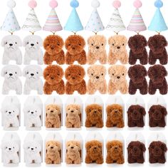 a bunch of stuffed animals that are in front of some party hats and bottles with dog faces on them