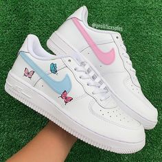 Baby pink/baby blue butterflies painted custom on all white AF1's. Painted with water resistant and non cracking leather paint. Baby Air Force Ones, Air Force Baby, Cute Running Shoes, Cute Casual Shoes, Cute Womens Shoes, Painted Sneakers, Jordan Shoes Retro, Custom Nike Shoes, Custom Air Force 1