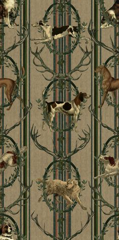 an animal themed wallpaper with dogs and antlers