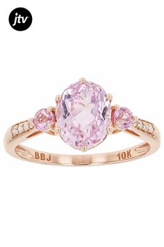 2.25ct Oval Kunzite With 0.22ctw Round Pink Sapphire and 0.05ctw Round White Diamond 10k Rose Gold Ring. Measures Approximately 0.77"L x 0.38"W. Pink Rings, Pink Kunzite, 10k Gold, Pink Sapphire, White Diamond, Rose Gold Ring, Gold Ring, Wedding Bands, Gold Rings