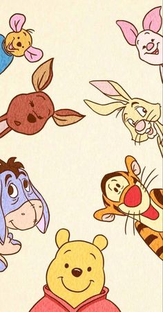 winnie the pooh and friends wallpaper with various cartoon characters on it's face