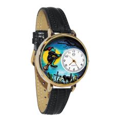 Whimsical Gifts | Flying Witch 3D Watch Large Style | Handmade in USA | Holiday & Seasonal Themed | Halloween | Novelty Unique Fun Miniatures Gift | Gold Finish Black Leather Watch Band Halloween Watch, Colorful Watches, Cat Watch, Flying Witch, Ride It, Whimsical Gifts, Pumpkin Earrings, Whimsical Fashion, Watch Gifts