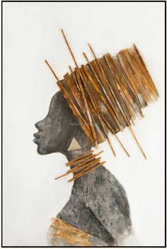 a drawing of a woman with sticks on her head and hair sticking out of her face