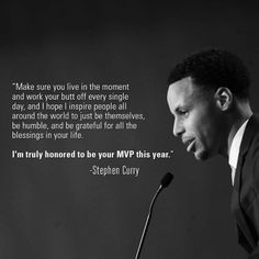 a black and white photo of a man in front of a microphone with a quote from stephen curry