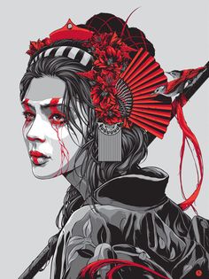 a drawing of a woman with blood dripping from her face and headdress on