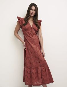 Terracotta Broderie Azalia Midi Tea Dress | Nobody's Child Chic V-neck Eyelet Dress, Chic Eyelet V-neck Dress, Fitted V-neck Eyelet Dress, Casual Eyelet Dress For Brunch, Eyelet Short Sleeve Dresses For Brunch, Short Sleeve Eyelet Dress For Brunch, Fitted Cotton Eyelet Dress, Fitted Eyelet Dress Midi Length, Fitted Eyelet Midi Dress