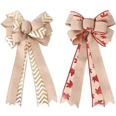 two bows are shown side by side, one with leaves on it and the other with chevron stripes