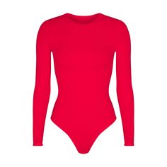 Fits Everybody Long Sleeve Crew Neck Bodysuit - Ruby | SKIMS Solid Color Scoop Neck Bodysuit For Workout, Sleek Long Sleeve Leotard, Basic Solid Color Elastane Bodysuit, Casual Bodysuit With Minimal Stretch, Casual Solid High Stretch Leotard, Sporty Stretch Leotard, Fitted Sporty Bodysuit With Scoop Neck, Sporty Fitted Bodysuit With Scoop Neck, Sporty Fitted Scoop Neck Bodysuit