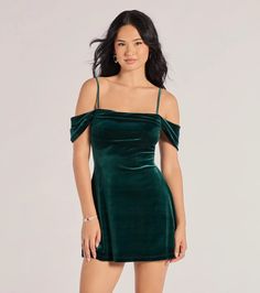 Add a chic factor to your holiday party looks in this adorable mini dress designed with luxe velvet fabric. It features a square neckline, a cold-shoulder design with adjustable spaghetti straps and short sleeve cuffs, pleating at the bust, and a short A-line silhouette.Fit & FeaturesVelvet fabric, stretchy knit liningSquare necklineCold-shoulder design, adjustable spaghetti straps, short sleeve cuffsPleated bust, padded bra cupsMini-length A-line silhouetteRuns true to size Office Christmas Party Dress, Short Velvet Dress Outfits, Green Velvet Dress Short, Velvet Mini Dress Outfit, Green Holiday Dress, Velvet Green Dress, Sequin Holiday Dress, Holiday Party Looks, Clubbing Dress