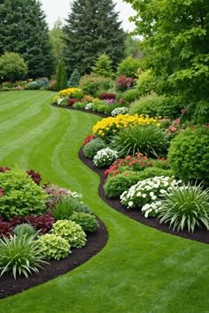 a lush green lawn with lots of flowers and trees in the backround area