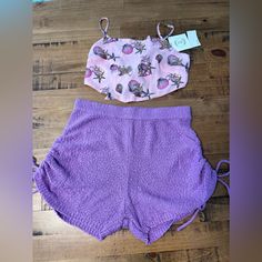 Both Brand New Free People Shorts And Urban Outfitters Top. Sold As A Set. Top Is A Small And Bottom Is A Medium High Waist Swimwear For Spring Loungewear, Stretch Purple Bottoms For Summer, Purple Bottoms For Beach Season, Casual Purple Swimwear For Beach Season, Purple Fitted Shorts For Summer, Fitted Purple Shorts For Beach, Fitted Purple Shorts For The Beach, Fitted Purple Shorts For Summer, Fitted Purple Beach Shorts