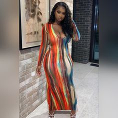 Brand New Fashion Nova Long Sleeve Maxi Dress Multi Color Size 3x Smoke Free And Pet Free Home Striped Print Dresses, Art Dress, Curve Dresses, Long Sleeve Maxi, Red Fashion, Rompers Women, Long Sleeve Maxi Dress, Long Maxi Dress, Colorful Fashion