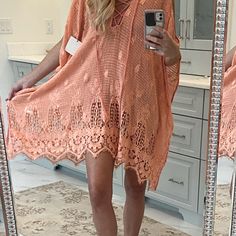 Brand New Cover Up That Sat Unworn In My Closet So It Gotta Go. Pretty Coral/Pink Color With Cold Shoulder Cut Outs. One Size. Crochet Lace Cover-up For Vacation, Summer Crochet Cover-up For Vacation, Spring Crochet Lace Beachwear Cover-up, Casual V-neck Crochet Top For Beach, Beachwear Tops With Crochet Trim For Beach Cover-up, Spring Beachwear Crochet Top With Crochet Trim, Spring Crochet Trim Beachwear Top, Spring Vacation Crochet Top With Crochet Trim, Open Knit V-neck Cover-up For Vacation