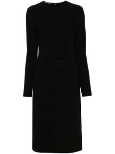 black jersey texture concealed rear zip fastening crew neck pleat detailing long sleeves unlined straight hem mid-length Sheath Midi Dress With Pleated Back For Work, Knee-length Midi Dress With Folds For Work, Long Sleeve Midi Dress For Work With Folds, Sheath Midi Dress For Workwear, Pleated, Pleated Sheath Midi Dress For Work, Long Sleeve Midi Dress With Folds, Long Sleeve Pleated Dress For Work, Black Midi Dress With Folds, Black Dresses With Folds For Workwear