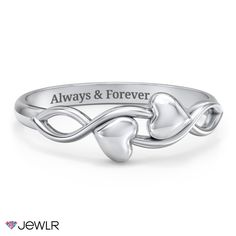 Celebrate the magic of being in love with this elegant handcrafted ring. This ring features two engravable hearts woven into an infinity-styled band. Personalize each of the hearts with an initial and design in sterling silver, white, yellow, or rose gold to create a beautiful promise ring, mother's ring, or a special gift for any occasion. Silver Heart Ring For Anniversary, Mother's Day, Silver Heart Ring For Anniversary Mother's Day, Silver Double Heart Ring For Mother's Day, Adjustable Heart Ring For Anniversary And Mother's Day, Silver Infinity Jewelry For Anniversary, Adjustable Heart Ring For Anniversary On Mother's Day, White Gold Infinity Jewelry For Anniversary, Infinity Heart Ring For Valentine's Day Anniversary, Sterling Silver Rings For Valentine's Day Anniversary