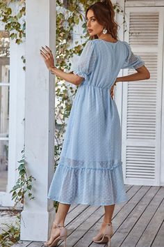 Swiss Dot Frill Trim Flounce Sleeve Midi Dress