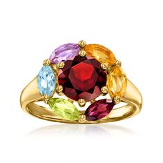 Ross-Simons - 1.80ct Garnet, 1.00ct t. w. Multi-Gemstone Ring Over Sterling. Size 5. An RS exclusive. You'll be mesmerized by the prismatic palette of our glittering ring. A sizzling 1.80 carat garnet round is nestled in a circle of marquise amethyst, blue topaz, peridot, rhodolite garnet and citrine gems, totaling 1.00 carats. Crafted in 18kt yellow gold over sterling silver. 1/2" wide. Multi-gemstone ring. Garnet birthstones are the perfect gift for January birthdays. Peridot Color, Garnet Birthstone, Multi Gemstone Ring, Topaz Color, Peridot Stone, Amethyst Color, Citrine Stone, Garnet Stone, Rhodolite Garnet