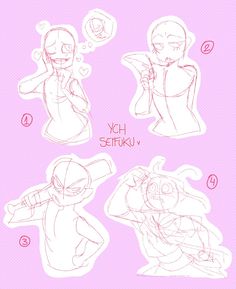 some drawings of different poses and expressions on a pink background