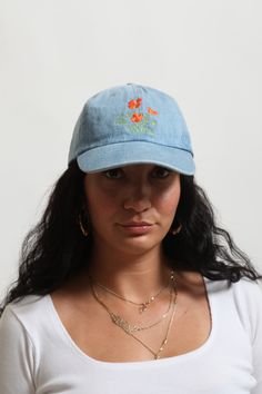 100% Cotton Baseball Cap, made in China, embroidered in San Francisco. One size Embroidered in San Francisco. Original design by Gravel & Gold Casual Cotton Trucker Hat For Spring, Spring Cotton Snapback Trucker Hat, Cotton Snapback Trucker Hat For Spring, Denim Blue Hat With Curved Brim, Cotton Denim Blue Hat, One Size Fits Most, Denim Baseball Cap One Size, Denim Blue Cotton Hat, One Size Fits Most, Summer Denim Blue Baseball Cap, Denim Blue Cotton Hat One Size Fits Most