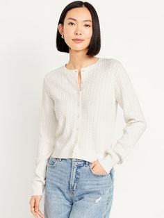 SoSoft Lite Crop Cardigan | Old Navy Pointelle Top, Navy Cardigan, Crop Cardigan, Cropped Cardigan Sweater, Button Sweater, Sweater White, Old Navy Women, White Cardigan, Cropped Cardigan