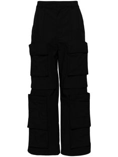 black cotton high-waisted slip pockets to the sides two side cargo pockets straight leg Black Cargo Pants With Belt Loops For Work, Black Wide Leg Pants With Pockets For Streetwear, Techwear Wide Leg Bottoms With Patch Pockets, Black Cotton Cargo Pants With Multiple Pockets, Streetwear Wide Leg Parachute Pants With Flap Pockets, Black Wide Leg Techwear Cargo Pants, Black Utility Cargo Jeans With Patch Pockets, Techwear Wide Leg Parachute Pants With Side Pockets, Techwear Style Wide Leg Parachute Pants With Side Pockets