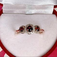 Genuine Anthill Garnet Trilogy Ring. Set In Vermeil Rose Gold Over .925 Sterling Silver. Tgw 0.90 Carats. Size 8. Comes New In Box For Safekeeping And Gift Giving. Nwt Formal Three Stone Rose Gold Ring, Formal Rose Gold Three Stone Ring, Elegant Silver Ruby Ring With Three Stones, Elegant Silver Ruby Three Stone Ring, Three Stone Garnet Jewelry For Anniversary, Formal Rose Gold Three Stone Jewelry, Garnet Three-stone Wedding Jewelry, Formal Garnet Three-stone Rings, Formal Three-stone Garnet Rings