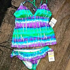 Top Xl, Bottoms M, Two Piece, Colors Purple, Green, White & Blue Spring Purple Tankini For Swimming, Spring Purple Tankini For Pool, Purple Tankini For Spring Swimming, Purple Tankini For Pool In Spring, Purple Spring Pool Tankini, Spring Purple Tankini For Poolside, Spring Beach Purple Tankini, Fitted Purple Tankini For Summer, Swimsuit Pattern