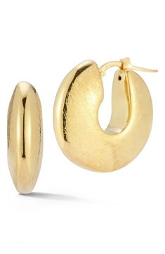 An artfully textured finish brings contemporary appeal to chunky hoop earrings crafted from polished sterling silver or 18-karat gold vermeil. 7/8" hoop diameter Snap-post closure Sterling silver or sterling silver/18k-gold plate Made in Italy Contemporary Small Hoop Earrings With Polished Finish, Small Hammered Hoop Earrings For Formal Occasions, Modern Textured Gold Hoop Earrings, Modern Hammered Huggie Earrings, Modern Textured Yellow Gold Jewelry, Modern Textured Small Hoop Earrings, Modern Hammered Hoop Earrings For Formal Occasions, Modern Hammered Hoop Earrings For Formal Events, Modern Textured Round Earrings