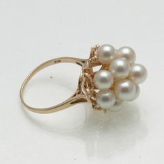 Vintage 14k yellow gold white pink Pearl Cocktail Ring Vintage large right hand ring Elegant Cluster Rose Gold Ring, Formal Oval Akoya Pearl Rings, Oval Akoya Pearl Rings For Formal Occasions, Formal Akoya Pearl Oval Rings, Formal Pearl White Pearl Ring, Fine Jewelry Pearl Drop Ring For Formal Occasions, White Cluster Pearl Ring For Wedding, Formal White 14k Gold Pearl Ring, Formal Rose Gold Pearl Ring