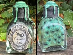 two bottles with green and black designs on them