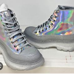 Women’s Alexander Mcqueen Tread Slick Lace Up Holographic Sliver Combat Boots With A Sliver Dusted Transparent Sole. A Runway-Featured High Top Sneakers. Size 39. Eu/9us. Made In Italy. Nwt And Original Box. Very Comfortable Boots. Silver Glitter Boots, Alexander Mcqueen Tread Slick, Boots Silver, Imvu Outfits Ideas Cute, Alexander Mcqueen Shoes, Silver Holographic, Glitter Boots, Silver Sneakers, Sole Sneakers