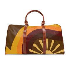 "70's Retro Travel Bag, Rising Sun, Groovy, Orange, Brown, Yellow, Hippie, Mid Mod Weekend Travel Bag This personalized travel bag is all about style. Made with high-grade waterproof fabric, it's a highly durable means of transferring your essentials wherever you go. With multiple compartments, a resilient carrying handle, and an adjustable shoulder strap, it's the perfect companion for all your adventures. It's about time to hit the road. Travel in style. This bag also makes for a unique new Mo Retro Yellow Satchel Bag, Retro Yellow Bag For Daily Use, Brown Vintage Weekender Bag For Trips, Vintage Brown Weekender Bag For Weekend Trips, Brown Vintage Weekender Bag For Weekend Trips, Retro Yellow Rectangular Bag, Vintage Brown Duffle Bag For Weekend Trips, Retro Bags With Luggage Sleeve For Daily Use, Vintage Rectangular Weekender Bag For Weekend Trips