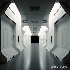 an empty hallway with white walls and doors leading into the light at the end is lit by bright lights