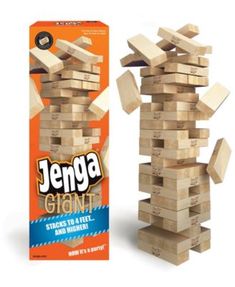 a stack of wooden blocks next to an unopened box of jegga cubes