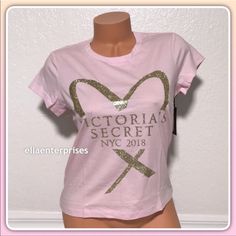 Victoria's Secret Fashion Show 2018 Baby Tee *Brand New- Removed From Packaging To Capture Photos* - Lightweight - Scoopneck - Glitter Graphics - Cotton Blend No Trades Spring Glitter Tops, Victoria's Secret Cotton T-shirt For Summer, Victoria's Secret Crew Neck T-shirt For Summer, Pink Fitted Top With Logo Print, Fitted Pink Tops With Logo Print, Victoria's Secret Pink Letter Print Top, Victoria's Secret Pink Cotton Top, Victoria's Secret Pink Tops With Letter Print, Trendy Victoria's Secret Crew Neck Top