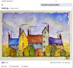 a watercolor drawing of houses with birds flying over them