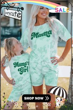 Mama Tie-dye Print T Shirt and Shorts Set Spring Tie Dye T-shirt For Loungewear, Green Cotton Crew Neck Sets, Family Matching T-shirt For Summer Loungewear, Family Matching Summer Loungewear T-shirt, Matching Spring Loungewear Tops, Spring Loungewear Matching Tops, Casual Relaxed Fit Tops With Matching Set, Casual Relaxed Fit Matching Set Tops, Casual Tie Dye T-shirt For Loungewear