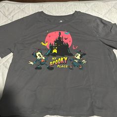 Disney My Spooky Place Halloween Shirt With Minnie And Mickey On Front. New Never Worn Fall Disney Character Print Tops, Disney Character Print Tops For Fall, Disney Letter Print Top For Fall, Disney Tops For Streetwear In Fall, Disney Style Top For Fall Streetwear, Disney Halloween Short Sleeve Tops, Halloween Mickey Mouse Crew Neck Top, Mickey Mouse Tops For Disney Halloween Events, Fun Tops For Disney Fan Events In Fall