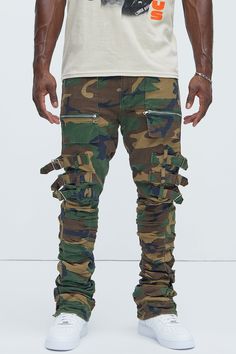 Available In Camouflage. Stacked Skinny Flare Fit 5 Pocket Detail 98% Cotton 2% Spandex Disclaimer: Due To The Specialized Distressing & Printing Process, Each Garment Is Unique. Buckle Detail Cargo Zipper Pockets Zip Fly Pleated Detail Button Closure Imported | Mens Pleat Me Down Stacked Skinny Flare Pants in Camouflage size 30 by Fashion Nova Stretch Military Camouflage Bottoms, Fitted Camouflage Bottoms With Cargo Pockets, Fitted Camouflage Cargo Pants, Fitted Camouflage Pants With Cargo Pockets, Fitted Camouflage Military Pants, Fitted Camouflage Cargo Pants For Streetwear, Stretch Camouflage Bottoms With Pockets, Fitted Camouflage Bottoms For Fall, Military Style Fitted Bottoms For Streetwear