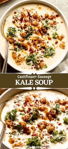 two bowls of cauliflower and kale soup with text overlay that says, cauliflower lover sausage